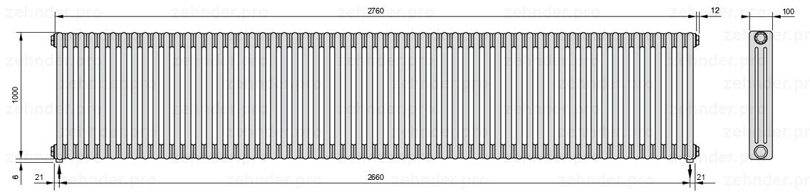 Схема (чертеж) Радиатор Zehnder Charleston 3100/60 №5310 Белый глянцевый RAL 9016